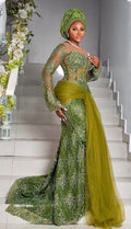 Gauni la Aso Ebi la Lace la Kijani Zaidi la Olive lenye Shanga na Gele Inayolingana (Agiza Kabla)