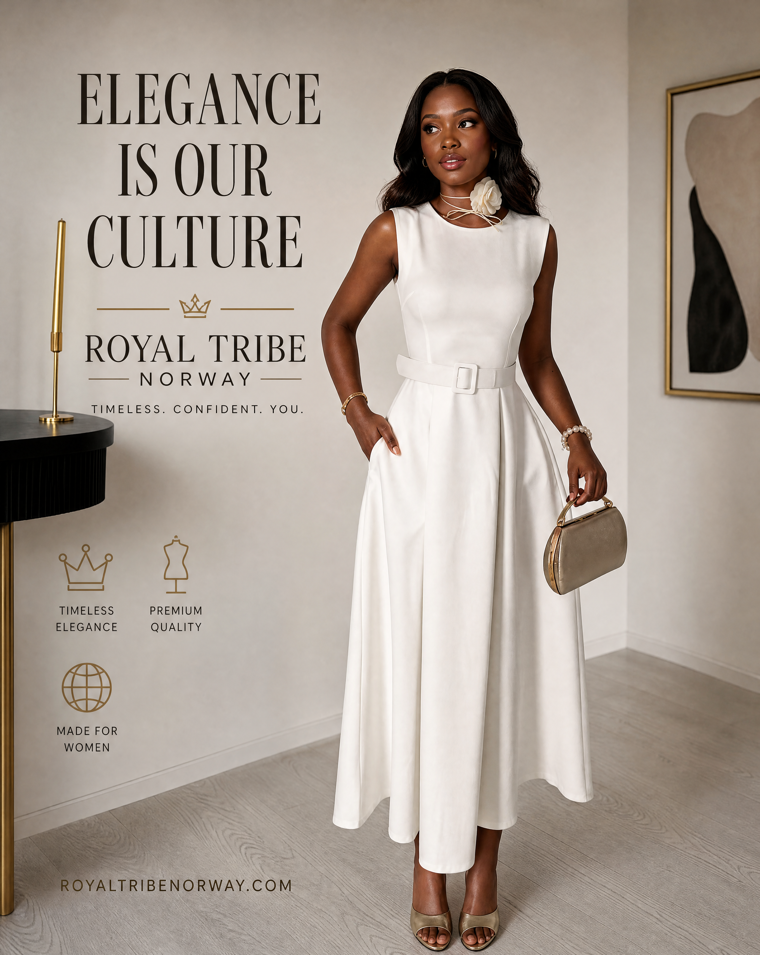 Royal Halter Neck Flared Dress - Ecru